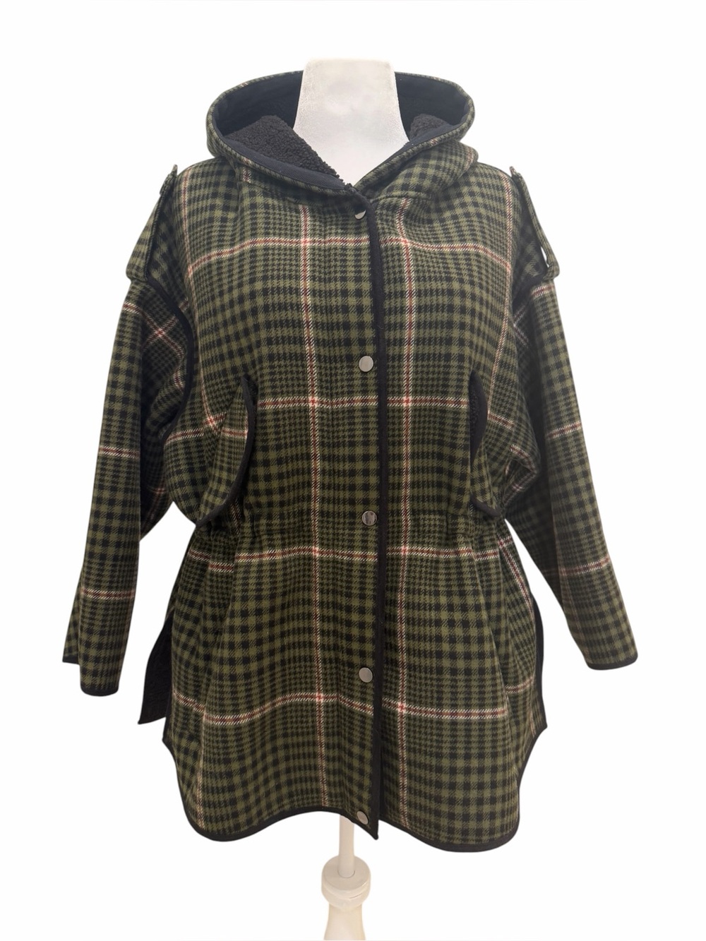 Maje Plaid Wool Blend Hooded Coat Jacket Size 1 Green Black Sherpa Lined
